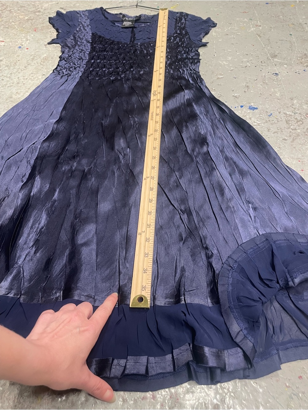 Vintage 90s Expo New York Navy Crinkle Satin Smocked Mini Dress Size L - Picture 6 of 9